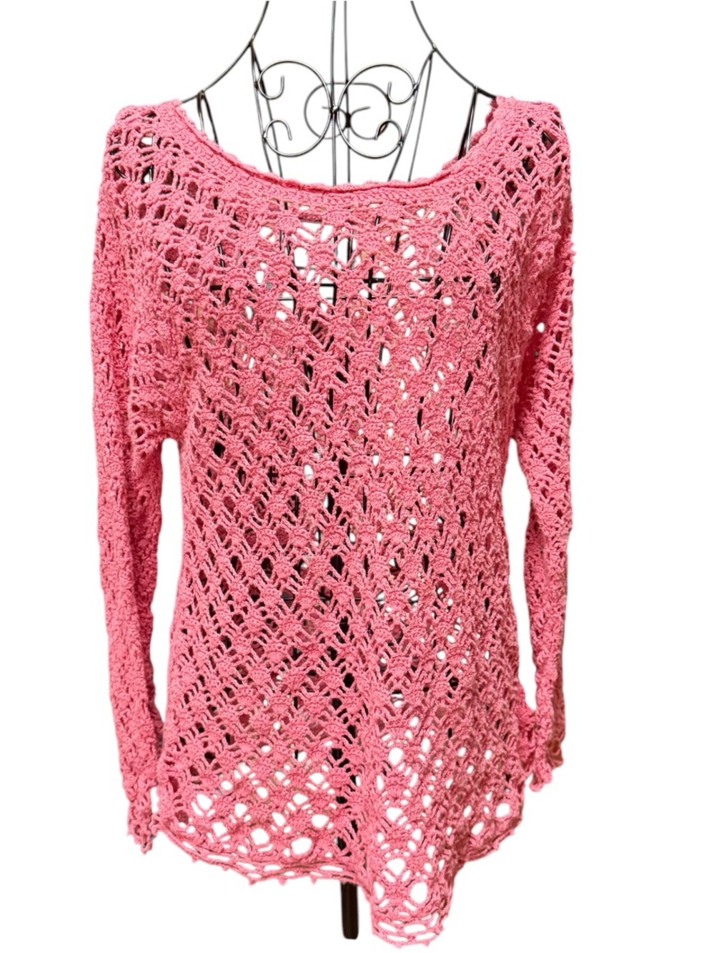 Tiara Pink Crochet Off-the-Shoulder Sweater open knit Large